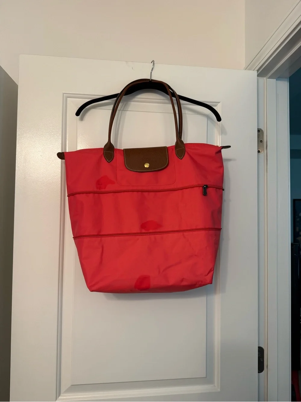 Longchamp Coral Red Tote Bag with Brown Handles - Women Bags - Picture 3 of 9